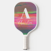 Raquette De Pickleball Nom du monogramme Art Abstrait Rose chaud (Verso)