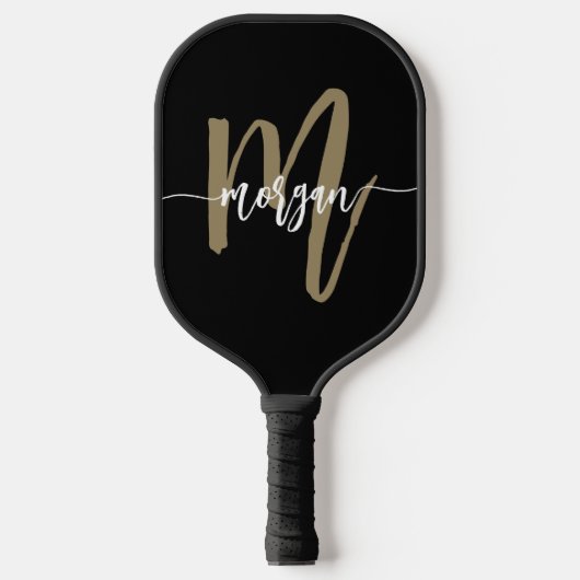 Raquette De Pickleball Nom du monogramme Black Gold Modern Script (Recto)