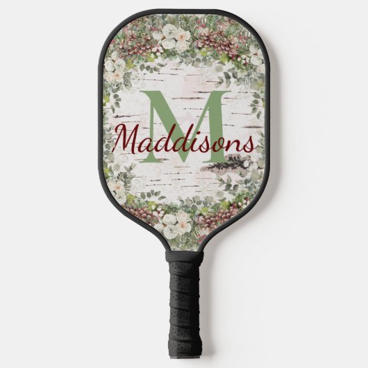 Raquette De Pickleball Nom du monogramme Bois d'hiver Pinecone de rose bl (Recto)