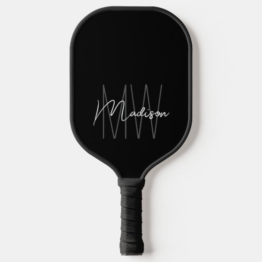 Raquette De Pickleball Nom du monogramme moderne Script noir blanc (Recto)