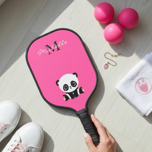 Raquette De Pickleball Nom du monogramme Panda mignon rose simple
