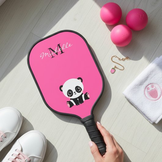 Raquette De Pickleball Nom du monogramme Panda mignon rose simple