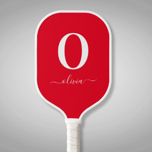 Raquette De Pickleball Nom du script Monogramme Personnalisé Rouge Et Bla