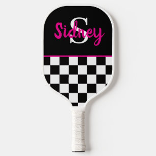 Raquette De Pickleball Nom Monogramme Rose Néon Damier Rétro