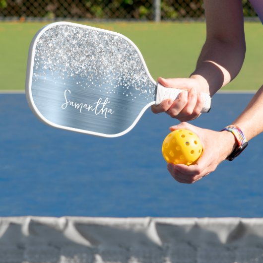 Raquette De Pickleball Nom pailleté argent et bleu clair Glam Script (Insitu)