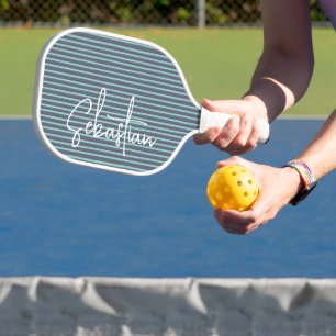 Raquette De Pickleball Nom personnalisé Bleu Vert rayé
