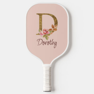 Raquette De Pickleball Nom personnalisé Blush Roses Roses Lettre D en feu