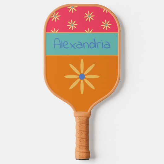 Raquette De Pickleball Nom personnalisé de la fleur rétro (Recto)