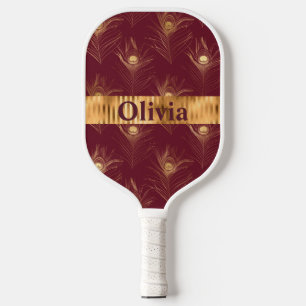 Raquette De Pickleball Nom personnalisé Peacock rouge imprimé or