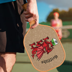 Raquette De Pickleball Nom personnalisé Welsh Dragon et monogramme
