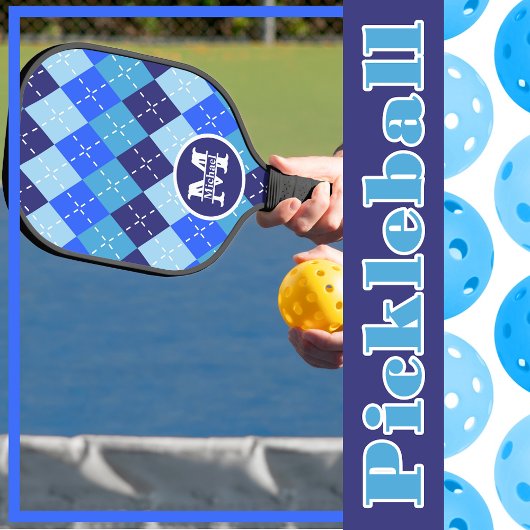 Raquette De Pickleball Nuances de bleu Argyle Sporty Preppy Personnalisé
