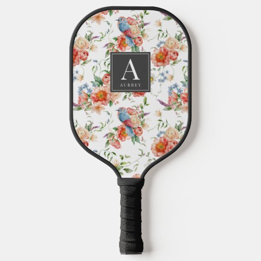 Raquette De Pickleball Oiseau bleu et motif floral rose (Recto)