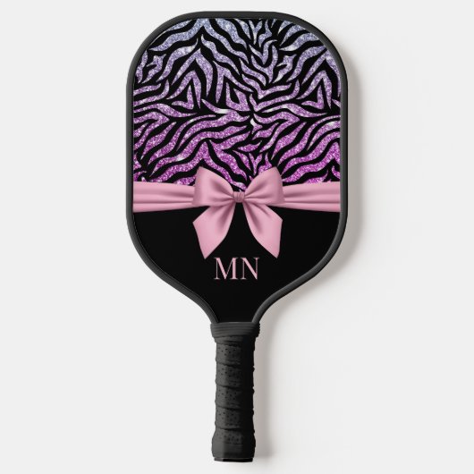 Raquette De Pickleball Ombre Parties scintillant Zebra rose Bow Monogramm (Verso)