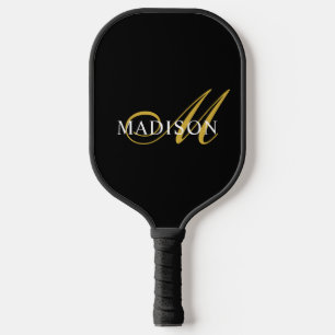Raquette De Pickleball Or Et Blanc   Monogramme moderne noir