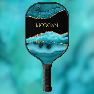 Raquette De Pickleball Or & Turquoise Agate, Gold Name sur Noir
