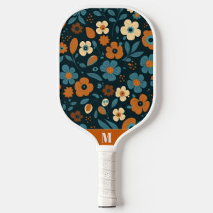 Raquette De Pickleball Orange brûlé et Floral bleu Monogramme moderne