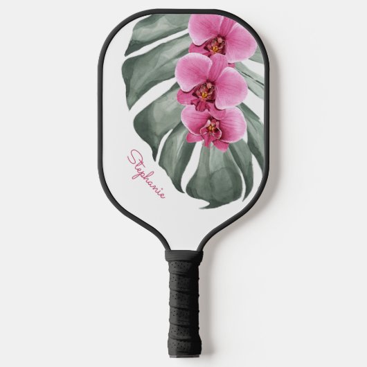 Raquette De Pickleball Orchidées roses chaudes sur la feuille de Monstera (Recto)