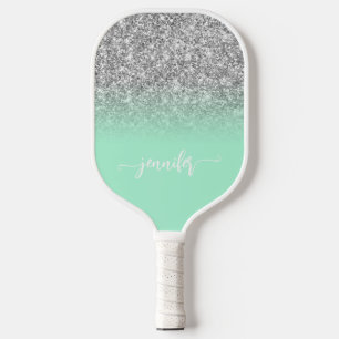 Raquette De Pickleball Parties scintillant Argent Mint Green Ombre Script
