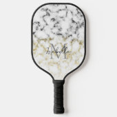 Raquette De Pickleball Parties scintillant brillante en marbre blanc noir (Recto)