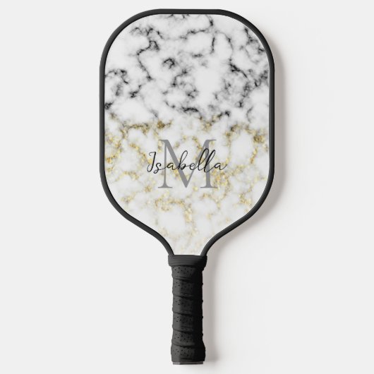 Raquette De Pickleball Parties scintillant brillante en marbre blanc noir (Recto)