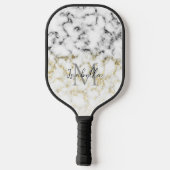 Raquette De Pickleball Parties scintillant brillante en marbre blanc noir (Verso)