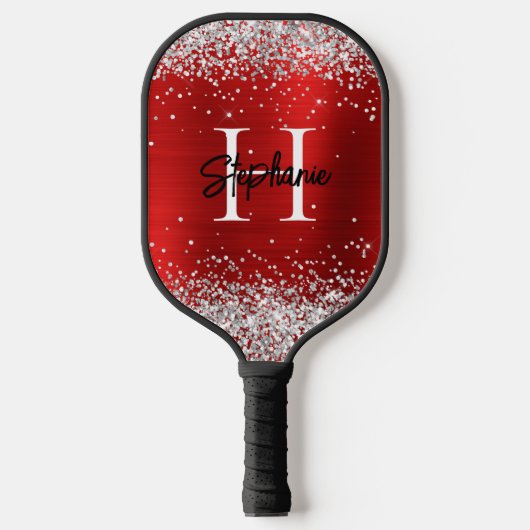 Raquette De Pickleball Parties scintillant d'argent rouge huile Monogramm (Recto)