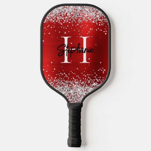 Raquette De Pickleball Parties scintillant d'argent rouge huile Monogramm (Verso)