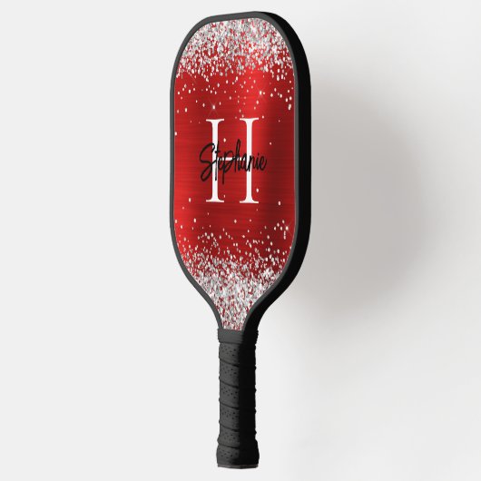 Raquette De Pickleball Parties scintillant d'argent rouge huile Monogramm (Gauche)