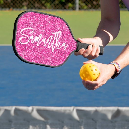 Raquette De Pickleball Parties scintillant rose chaud de luxe Script (Insitu)