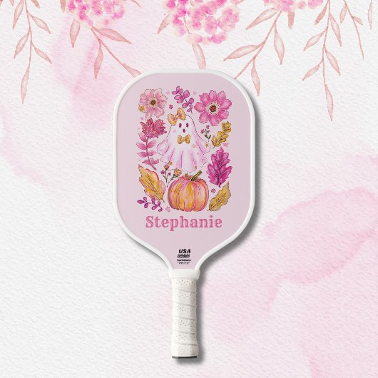 Raquette De Pickleball Pastel Pink Halloween Ghost with Custom Name