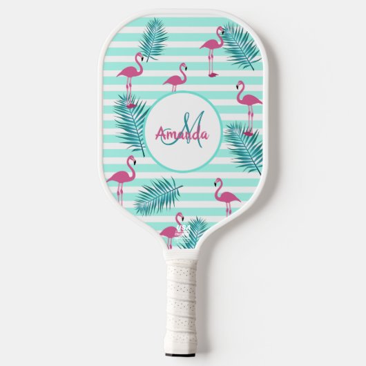 Raquette De Pickleball Paume flamand rose vert rayures feuille (Verso)