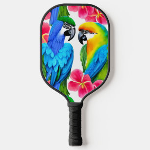 Raquette De Pickleball Perroquets colorés aux fleurs tropicales