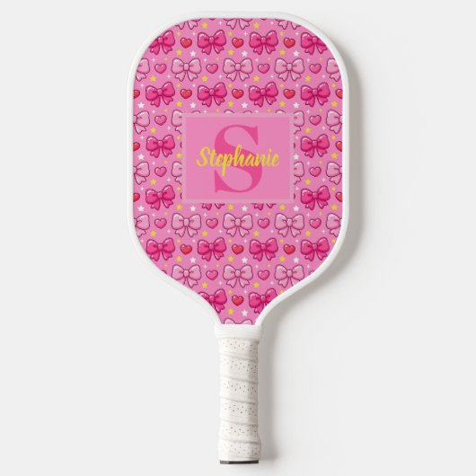 Raquette De Pickleball Personalized Cute Pink Bows and Hearts Monogram (Recto)