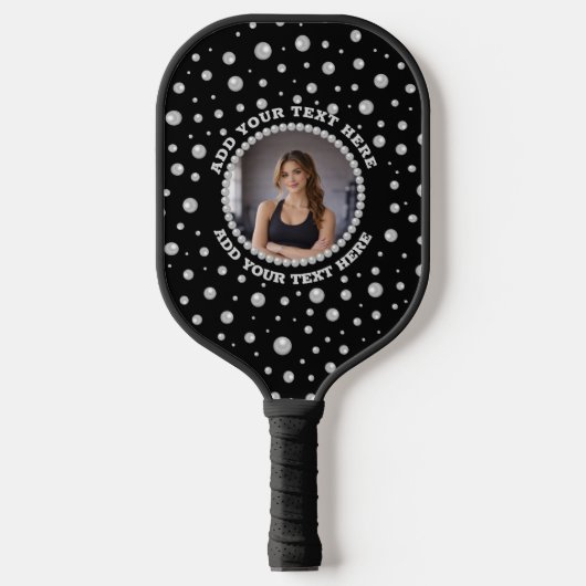 Raquette De Pickleball Personalized Photo with Pearls Circle on Black (Recto)