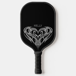 Raquette De Pickleball Personnalisé Chrome Tribal Heart sur Noir