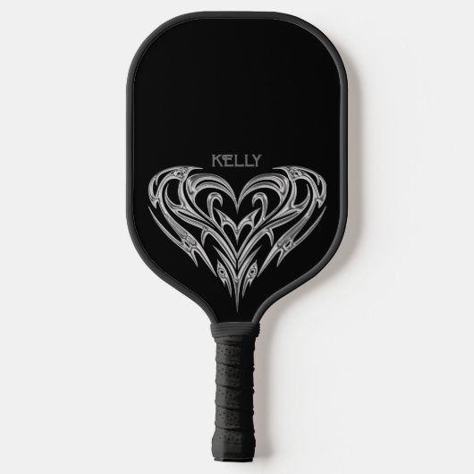 Raquette De Pickleball Personnalisé Chrome Tribal Heart sur Noir (Verso)