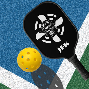 Raquette De Pickleball Pilote crâne et hélice d'avion, minimaliste, noir