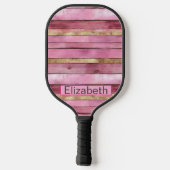 Raquette De Pickleball Pink and Gold Rustic Faux Wood Personalized (Verso)