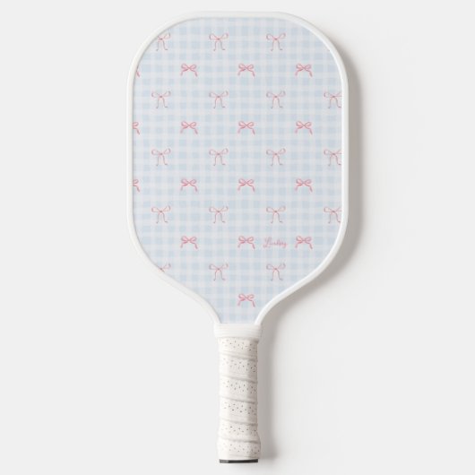 Raquette De Pickleball Pink Bow Blue En vichy Nom personnalisé (Recto)