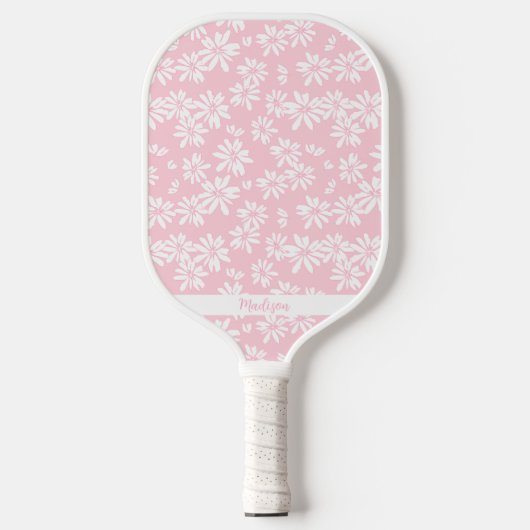 Raquette De Pickleball Pink Daisy Floral Pattern Personnalisé Nom Cute (Recto)
