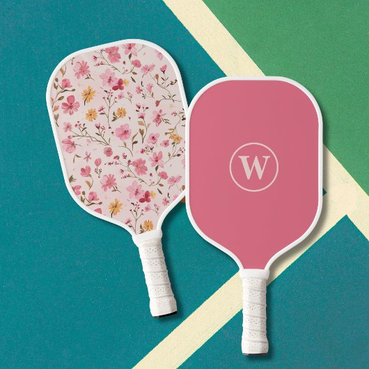 Raquette De Pickleball Pink Floral Monogram
