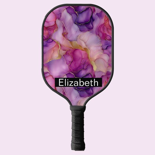 Raquette De Pickleball Pink, Purple and Gold Alcohol Ink Personalized
