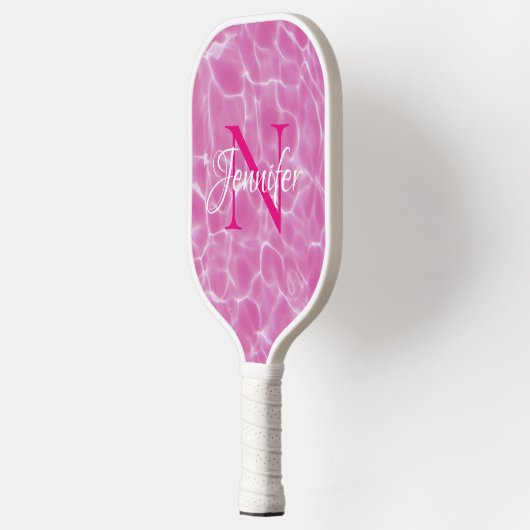 Raquette De Pickleball Piscine rose et blanc Photo Chic Monogramme (Gauche)
