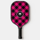 Raquette De Pickleball Plaid noir rose Monogramme Nom (Recto)