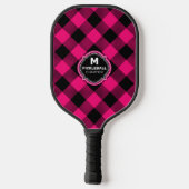 Raquette De Pickleball Plaid noir rose Monogramme Nom (Verso)