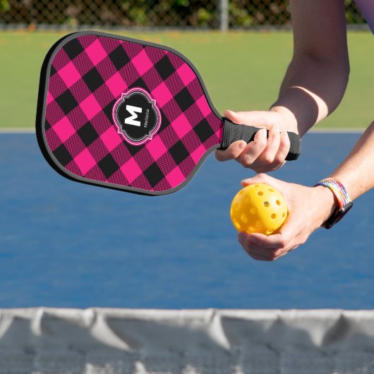 Raquette De Pickleball Plaid noir rose Monogramme Nom (Insitu)
