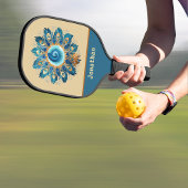 Raquette De Pickleball Plumes rétro bleu et pêche Mandala Monogramme