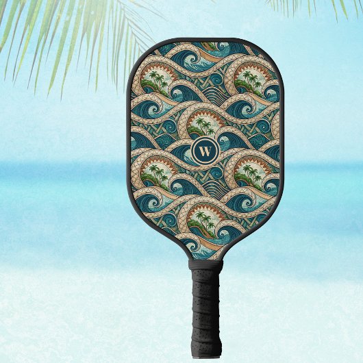 Raquette De Pickleball Polynesian Waves and Palm Trees Retro Monogram