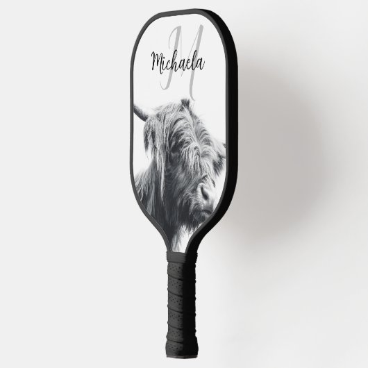 Raquette De Pickleball Portrait de vache Highland premier monogramme noir (Gauche)