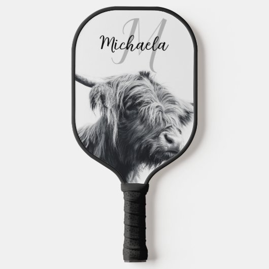Raquette De Pickleball Portrait de vache Highland premier monogramme noir (Recto)